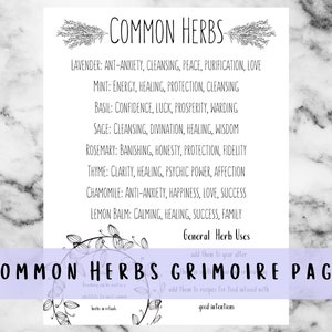 Página imprimible de hierbas comunes, página del Grimorio BOS