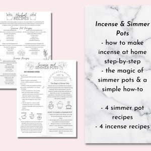 May include: A printable guide with instructions on how to make incense and simmer pots at home. The guide includes four simmer pot recipes and four incense recipes. The guide features a black and white illustration of a cauldron with herbs.