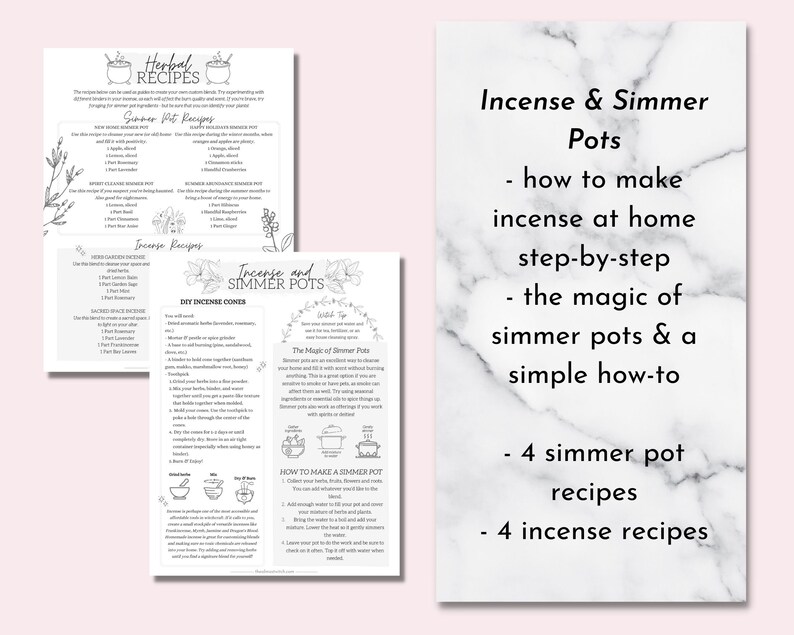 May include: A printable guide with instructions on how to make incense and simmer pots at home. The guide includes four simmer pot recipes and four incense recipes. The guide features a black and white illustration of a cauldron with herbs.