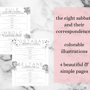 May include: A set of four printable pages with information about the eight sabbats. Each page features a different sabbat, with details on altar decorations, crystals, herbs, colors, and deities. The text "the eight sabbats and their correspondences" is also visible.