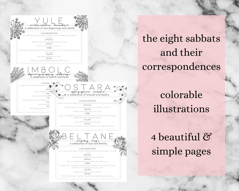 May include: A set of four printable pages with information about the eight sabbats. Each page features a different sabbat, with details on altar decorations, crystals, herbs, colors, and deities. The text "the eight sabbats and their correspondences" is also visible.