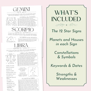May include: Black and white printable guide to the 12 star signs, including planets and houses in each sign, constellations and symbols, keywords and dates, strengths and weaknesses.