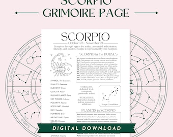 Scorpio Zodiac Star Sign Grimoire Page, Digital Printable PDF