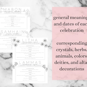 May include: White cards with black text listing celebrations: Mabon, Samhain, Litha, and Lammas. The cards include altar decorations, crystals, herbs, animals, colors, and deities. A pink background lists general meanings and dates.