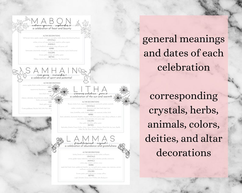 May include: White cards with black text listing celebrations: Mabon, Samhain, Litha, and Lammas. The cards include altar decorations, crystals, herbs, animals, colors, and deities. A pink background lists general meanings and dates.
