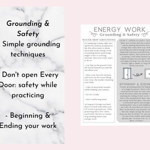 K&ouml;nnte beinhalten: Eine schwarz-wei&szlig;e Grafik mit dem Text "Grounding & Safety", die Tipps f&uuml;r das Erden und die Sicherheit beim &Uuml;ben von Energiearbeit gibt. Der Text enth&auml;lt "Never Skip Grounding", "Don't Open Every Door" und "Beginning & Endings".