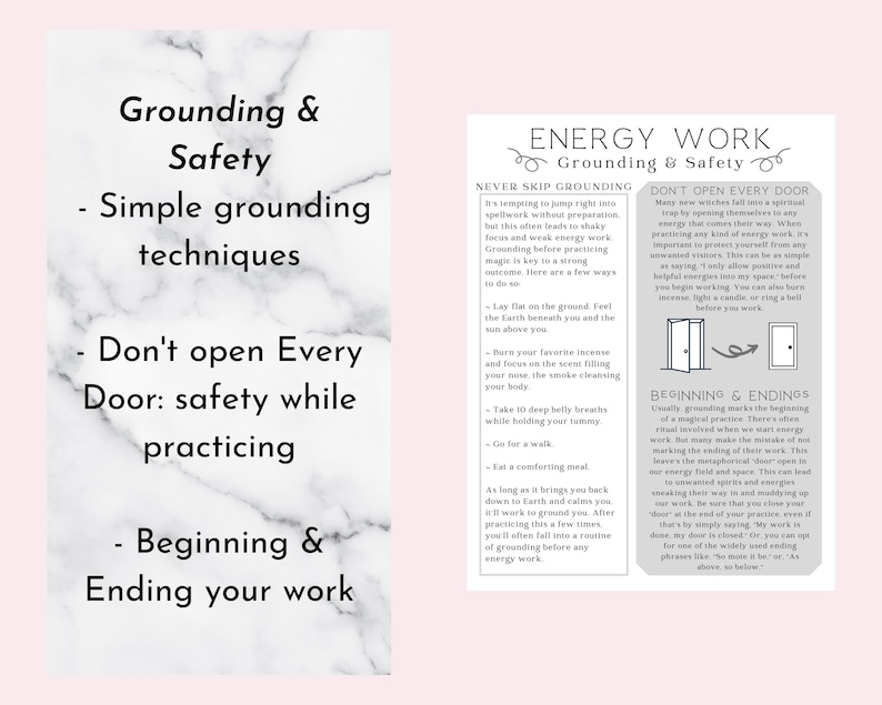 K&ouml;nnte beinhalten: Eine schwarz-wei&szlig;e Grafik mit dem Text "Grounding & Safety", die Tipps f&uuml;r das Erden und die Sicherheit beim &Uuml;ben von Energiearbeit gibt. Der Text enth&auml;lt "Never Skip Grounding", "Don't Open Every Door" und "Beginning & Endings".