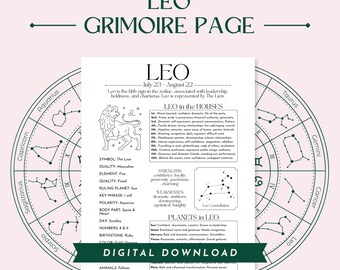 Leo Zodiac Star Sign Grimoire Page, Digital Printable PDF