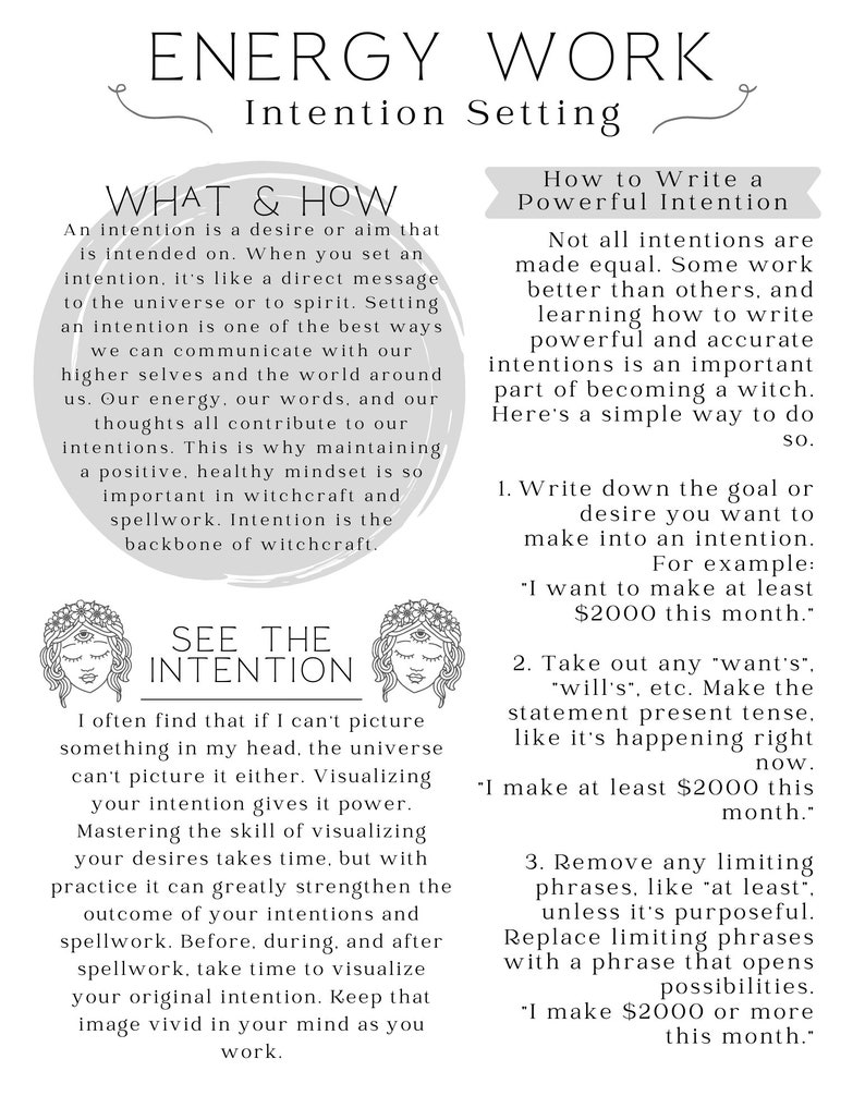 K&ouml;nnte beinhalten: Eine Schwarzwei&szlig;illustration eines Frauenkopfes mit einem dritten Auge. Der Text "See the Intention" ist in fetten, schwarzen Buchstaben geschrieben. Der Text unter der Illustration erkl&auml;rt, wie man seine Absichten visualisiert, um seine W&uuml;nsche zu manifestieren.