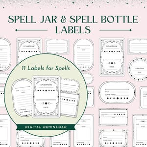 May include: Eleven printable labels for spell jars and bottles. The labels are black and white with a decorative border and space for the date, lunar phase, and notes. The labels are designed for digital download.