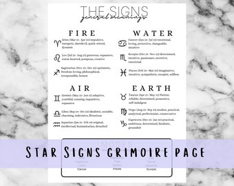 Star Signs Zodiac Cheat Sheet, Grimoire BOS page