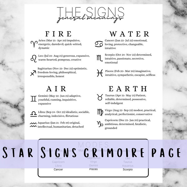 Star Signs Zodiac Cheat Sheet, Grimoire BOS page