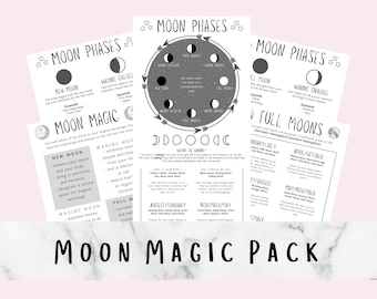 May include: A printable Moon Magic Pack with black and white illustrations and text. The pack includes information on the moon phases, full moons, and how to use the moon's energy for magic. The text includes keywords like "New Moon", "Waxing Crescent", "Full Moon", "Waning Gibbous", and "Waning Crescent".