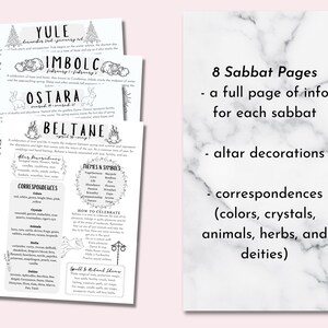 Puede incluir: P&aacute;ginas imprimibles con informaci&oacute;n sobre las ocho fiestas del sabbat, incluyendo Yule, Imbolc, Ostara, Beltane, y m&aacute;s. Cada p&aacute;gina incluye una lista de temas y s&iacute;mbolos, correspondencias (colores, cristales, animales, hierbas y deidades), y c&oacute;mo celebrar.