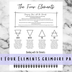 May include: A grimoire page titled "The Four Elements" with information on charging items using earth, water, fire, and air. The page includes symbols, colors, directions, seasons, times of day, tarot court, and zodiac signs for each element. The bottom reads "The Four Elements Grimoire Page."