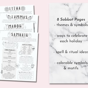 Puede incluir: Ocho p&aacute;ginas imprimibles con informaci&oacute;n sobre las ocho fiestas sab&aacute;ticas de la Wicca. Cada p&aacute;gina incluye el nombre de la fiesta, la fecha, los temas, los s&iacute;mbolos, las correspondencias, c&oacute;mo celebrar y ideas de hechizos y rituales. Las p&aacute;ginas son en blanco y negro con ilustraciones dibujadas a mano.