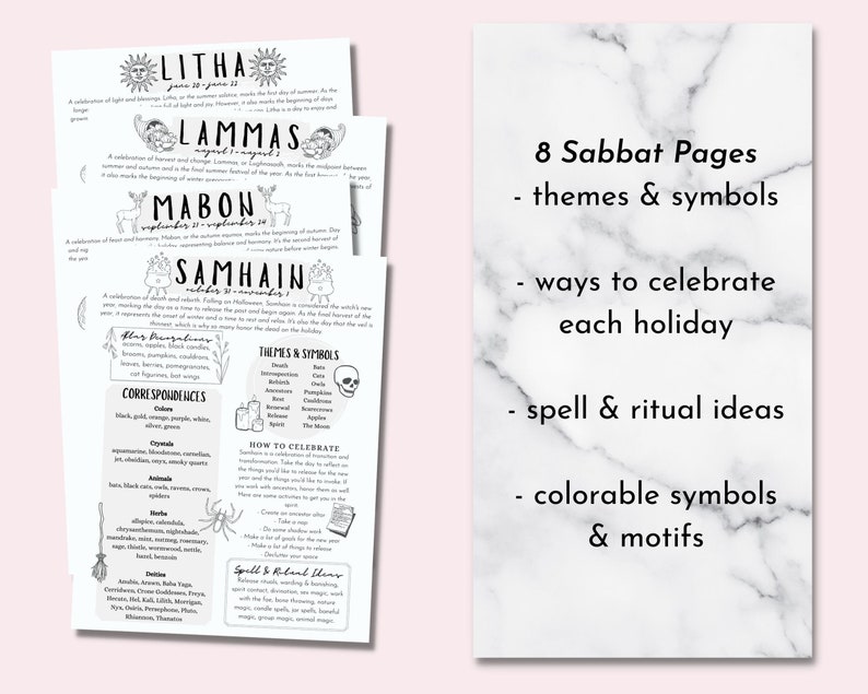 Puede incluir: Ocho p&aacute;ginas imprimibles con informaci&oacute;n sobre las ocho fiestas sab&aacute;ticas de la Wicca. Cada p&aacute;gina incluye el nombre de la fiesta, la fecha, los temas, los s&iacute;mbolos, las correspondencias, c&oacute;mo celebrar y ideas de hechizos y rituales. Las p&aacute;ginas son en blanco y negro con ilustraciones dibujadas a mano.