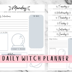 May include: A printable daily planner for witches with a white background and black text. The planner includes sections for daily intentions, to do list, card of the day, today's mood, astrological events, and notes. The planner has a pink banner with the text "DAILY WITCH PLANNER".