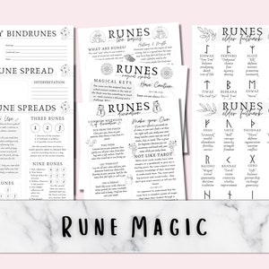 Puede incluir: Conjunto de runas imprimibles en blanco y negro con instrucciones sobre cómo usar las runas, métodos comunes de adivinación y el significado de cada runa. El conjunto incluye las runas del antiguo futhark.