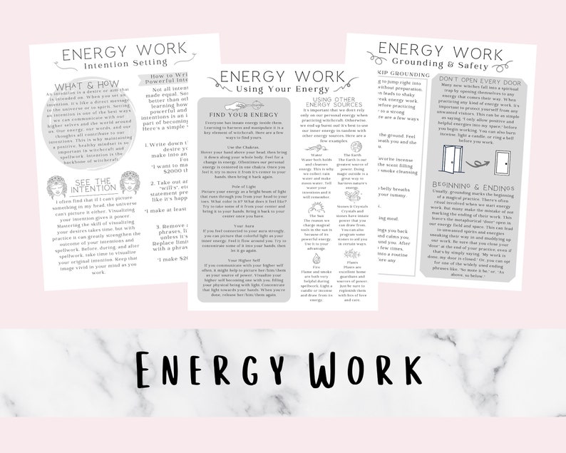 K&ouml;nnte beinhalten: Drei Seiten eines Leitfadens zur Energiearbeit mit dem Titel "Energy Work" in gro&szlig;en, fetten, schwarzen Buchstaben. Die Seiten behandeln die Festlegung von Absichten, die Nutzung deiner Energie, Erdung und Sicherheit sowie Anf&auml;nge und Enden. Die Seiten sind mit handgezeichneten Bildern illustriert.