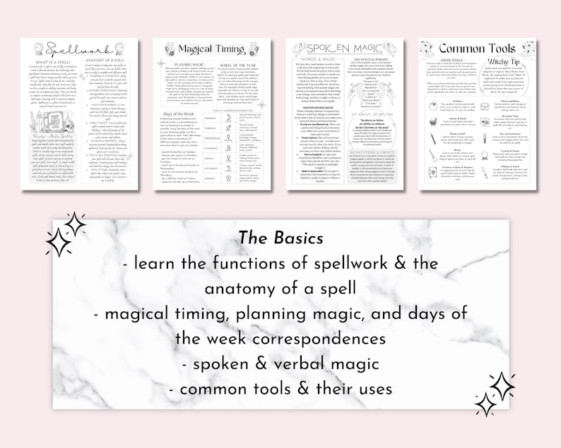 May include: A black and white printable guide to spellwork, magical timing, spoken magic, and common tools. The guide includes information on the anatomy of a spell, planning magic, days of the week correspondences, and verbal magic. The guide also includes a list of common tools and their uses.