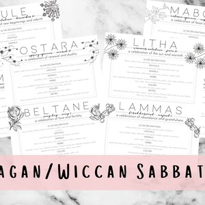 May include: A collection of white cards with black text detailing Pagan/Wiccan Sabbats. Each card features a different Sabbat, including Yule, Ostara, Litha, and Lammas, with decorative floral elements and text that reads "Pagan/Wiccan Sabbats".