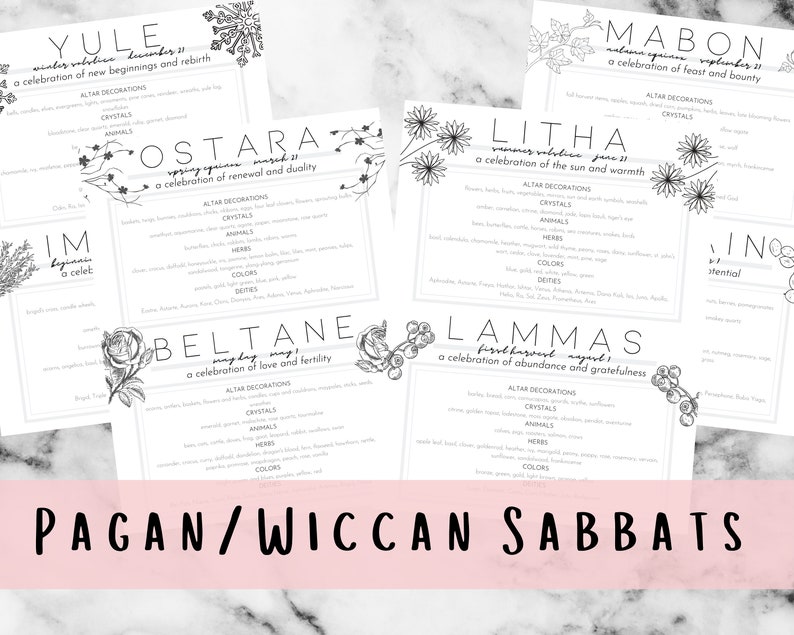 May include: A collection of white cards with black text detailing Pagan/Wiccan Sabbats. Each card features a different Sabbat, including Yule, Ostara, Litha, and Lammas, with decorative floral elements and text that reads "Pagan/Wiccan Sabbats".