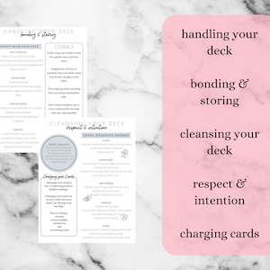 May include: A pink and white infographic with the title "Handling Your Deck: Bonding & Storing". The infographic includes tips on connecting with your deck, storage, cleansing your deck, respect and intention, and charging your cards.