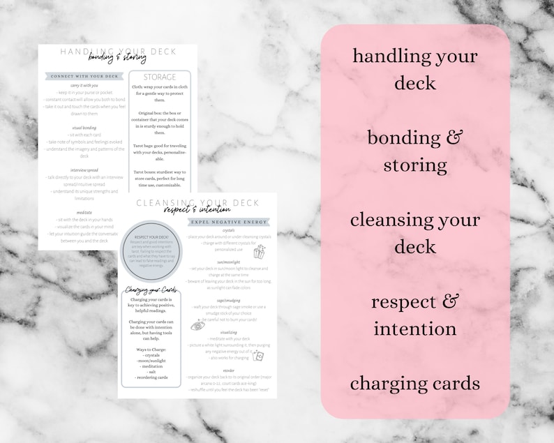 May include: A pink and white infographic with the title "Handling Your Deck: Bonding & Storing". The infographic includes tips on connecting with your deck, storage, cleansing your deck, respect and intention, and charging your cards.