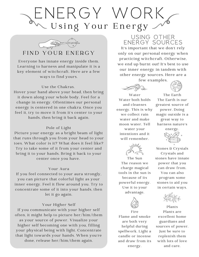 K&ouml;nnte beinhalten: Eine Schwarzwei&szlig;illustration einer Hand, die einen Zauberstab mit einem Stern am Ende h&auml;lt. Der Text "Find Your Energy" steht oben im Bild. Das Bild ist ein Leitfaden zum Finden und Nutzen deiner Energie. Es enth&auml;lt Informationen &uuml;ber Chakras, Aura, das h&ouml;here Selbst und die Nutzung anderer Energiequellen wie Wasser, Erde, Sonne, Feuer, Steine und Kristalle sowie Pflanzen.