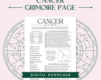 Cancer Zodiac Star Sign Grimoire Page, Digital Printable PDF