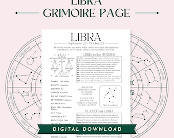Libra Zodiac Star Sign Grimoire Page, Digital Printable PDF