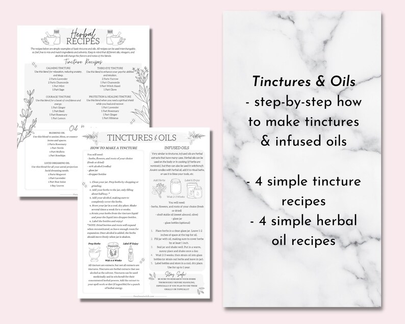 May include: A printable guide with instructions on how to make tinctures and infused oils. The guide includes four simple tincture recipes and four simple herbal oil recipes. The text is in black and white on a white background.
