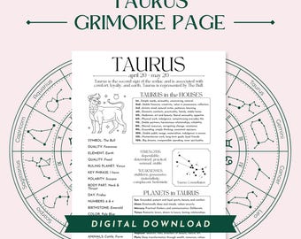 Taurus Zodiac Star Sign Grimoire Page, Digital Printable PDF