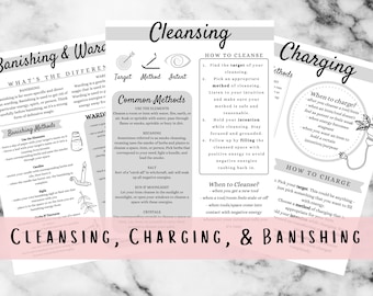 May include: Black and white illustrations of methods for cleansing, charging, and banishing. The illustrations include a target, method, and intent. The text includes the words "Cleansing, Charging, & Banishing".