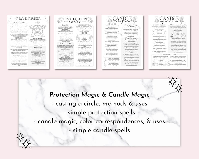 May include: A printable guide to protection magic and candle magic. The guide includes instructions on casting a circle, protection spells, candle magic, color correspondences, and candle spells.