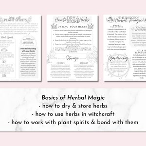 May include: A printable guide to herbal magic with tips on how to dry and store herbs, use herbs in witchcraft, and work with plant spirits. The guide features black and white illustrations and text on a white background.