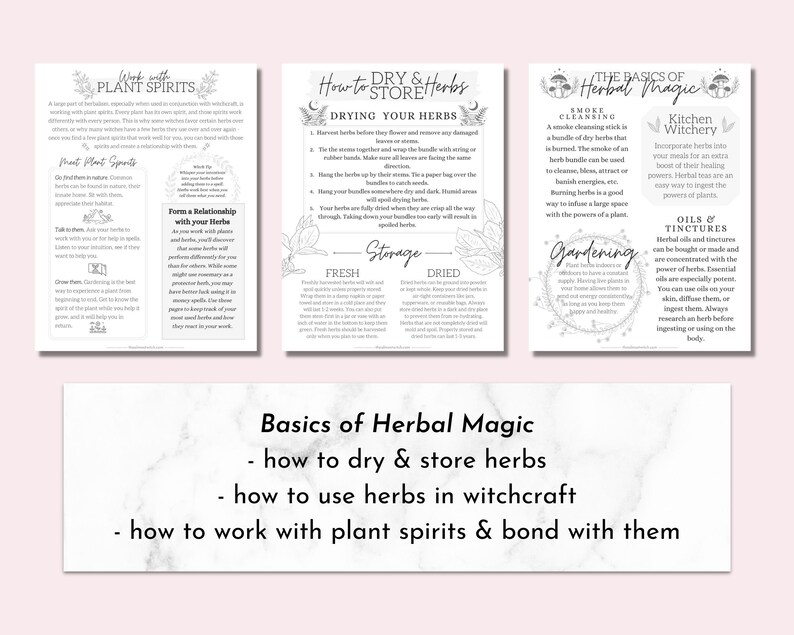 May include: A printable guide to herbal magic with tips on how to dry and store herbs, use herbs in witchcraft, and work with plant spirits. The guide features black and white illustrations and text on a white background.