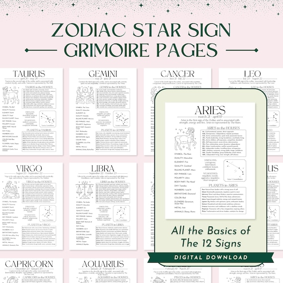 Zodiac Star Signs Basics Printable Grimoire Pages