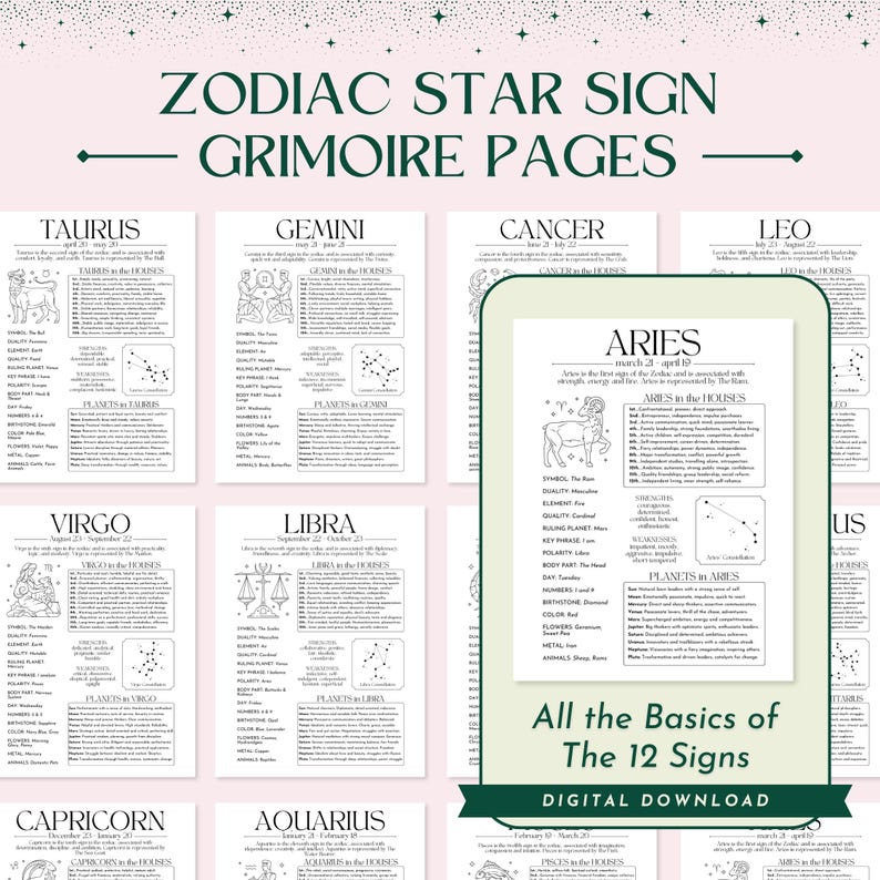 May include: A printable set of 12 zodiac star sign grimoire pages. Each page features a black and white illustration of the zodiac sign, along with text describing the sign's characteristics, ruling planet, element, and more.