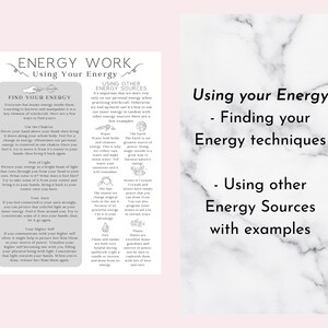 K&ouml;nnte beinhalten: Ein druckbarer Leitfaden f&uuml;r Energiearbeit mit einem wei&szlig;en Marmorhintergrund. Der Text auf der linken Seite der Seite lautet "Energy Work Using Your Energy" und enth&auml;lt Anweisungen, wie Sie Ihre Energie finden und andere Energiequellen nutzen k&ouml;nnen. Der Text auf der rechten Seite der Seite lautet "Using your Energy - Finding your Energy techniques - Using other Energy Sources with examples".