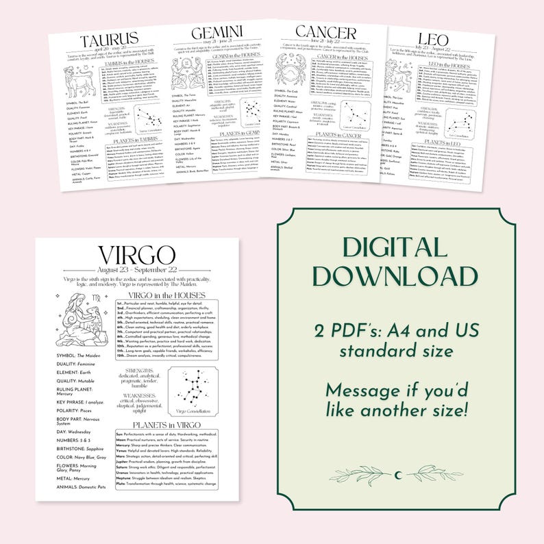 May include: A printable PDF guide to the astrological sign Virgo. The guide includes information about the symbol, element, quality, ruling planet, key phrase, polarity, body part, day, numbers, birthstones, color, flowers, metal, and animals associated with the sign. The guide also includes a diagram of the constellation Virgo.