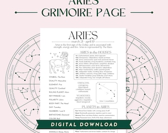 Aries Zodiac Star Sign Grimoire Page, Digital Printable PDF
