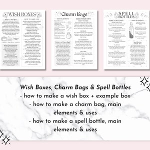May include: A white and black graphic with instructions on how to make wish boxes, charm bags, and spell bottles. The text includes "Wish Boxes, Charm Bags & Spell Bottles - how to make a wish box + example box - how to make a charm bag, main elements & uses - how to make a spell bottle, main elements & uses"
