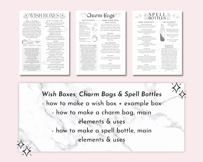 May include: A white and black graphic with instructions on how to make wish boxes, charm bags, and spell bottles. The text includes "Wish Boxes, Charm Bags & Spell Bottles - how to make a wish box + example box - how to make a charm bag, main elements & uses - how to make a spell bottle, main elements & uses"