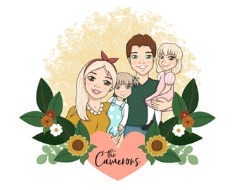 Family Portrait Illustration, Cartoon Portrait, Mothers Day Gift, Floral Wreath Portrait, Custom Portrait, Printables, Gift For Her