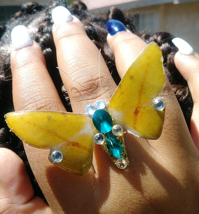 Resin Ring Yellow Butterfly Oversized Ring Boho Ring Butterfly Ring Metal Jewelry Adjustable Ring Butterfly Jewelry