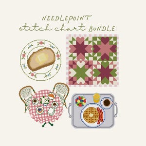 May include: A needlepoint stitch chart bundle featuring four designs: a slice of buttered toast on a floral plate, a pink and green geometric quilt pattern, a bistro table with a checkered cloth, and a breakfast tray with waffles and bacon.