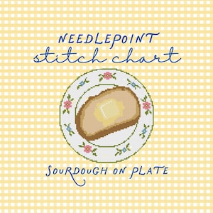 May include: A needlepoint stitch chart featuring a cross-stitch illustration of a slice of sourdough bread with a pat of butter on a white plate with a floral rim, set against a yellow and white gingham background with the text SOURDOUGH ON PLATE.