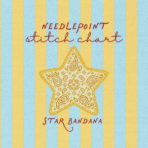 May include: A needlepoint stitch chart featuring a central yellow star with a detailed paisley pattern. The background consists of vertical light blue and yellow stripes. The text reads "NEEDLEPOINT stitch chart" and "STAR BANDANA" in red.